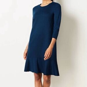 J Jill Ponte Oxford Blue Black Polka Dot Long Sleeve Flounce Midi Dress M NWT